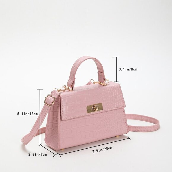 Pink Elegant Women's Mini Crocodile Embossed Twist Lock Flap Square Handbag - Picture 6 of 8